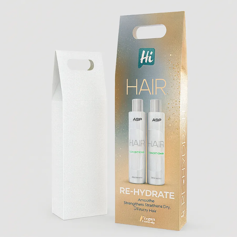 Two hanging display boxes for conditioner- one blank white and one with elegant leaf illustrations and logos- class=